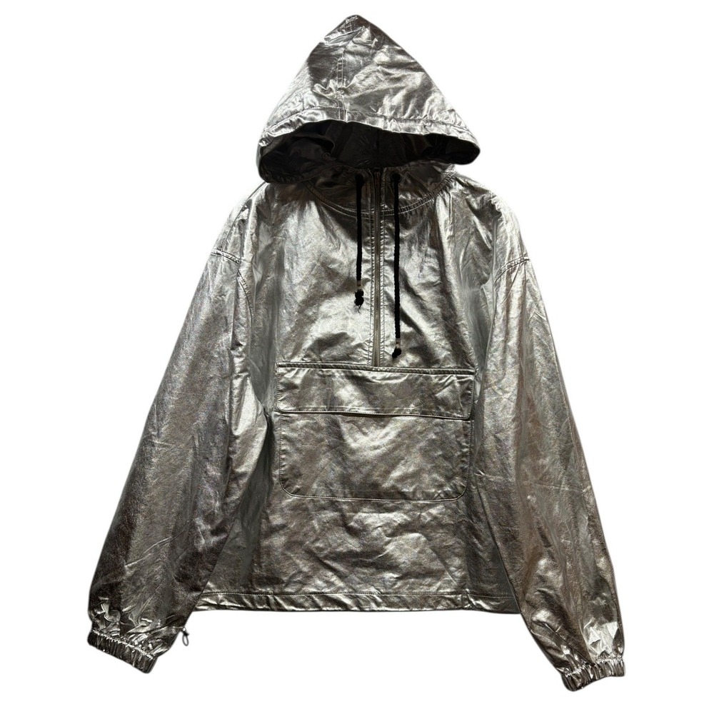 LRev37 Metallic Silver Hooded Half Zip Windbreaker Pullover Jacket Futuristic